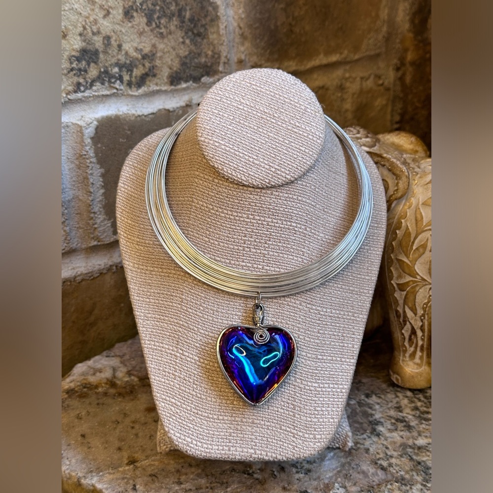 Huge Silver Glass Titanium Puff Heart Choker Necklace